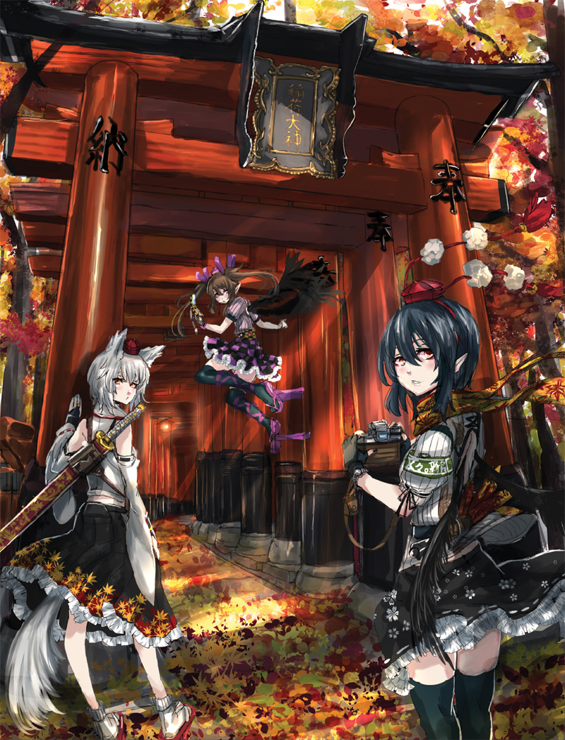 shameimaru aya, inubashiri momiji, and himekaidou hatate (touhou) drawn by panzer_(p.z)