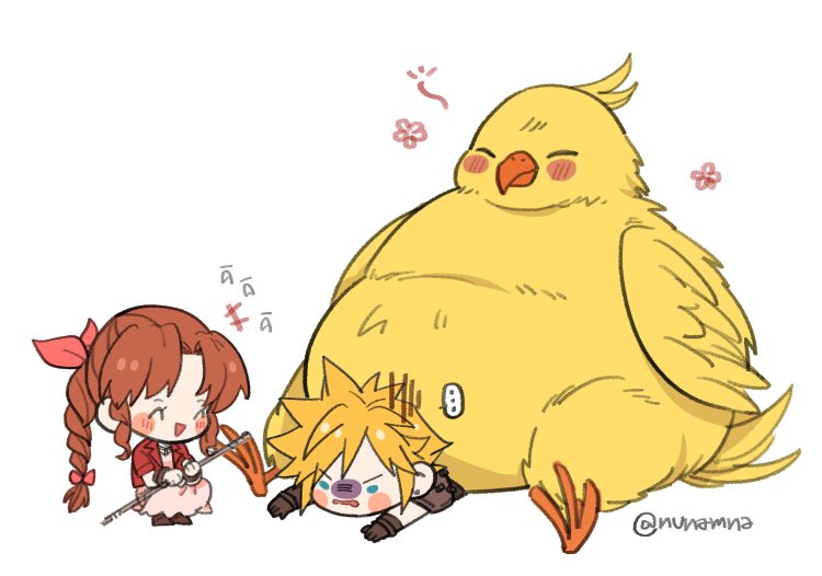 cloud strife, aerith gainsborough, and fat chocobo (final fantasy and 2 more) drawn by nunamna