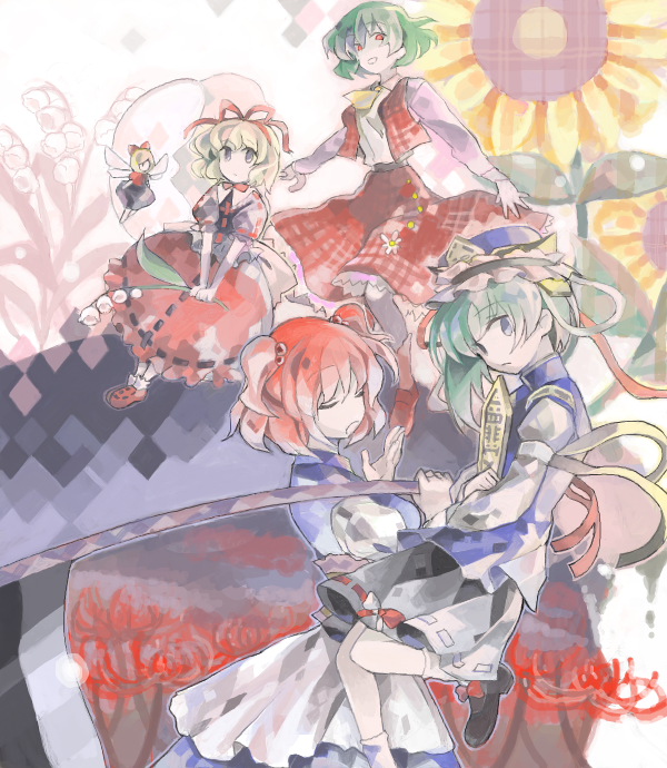 kazami yuuka, shiki eiki, onozuka komachi, medicine melancholy, and su-san (touhou and 1 more) drawn by 79inko