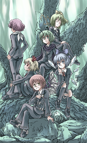 cirno, rumia, mystia lorelei, daiyousei, wriggle nightbug, and 1 more (touhou) drawn by suichuu_hanabi