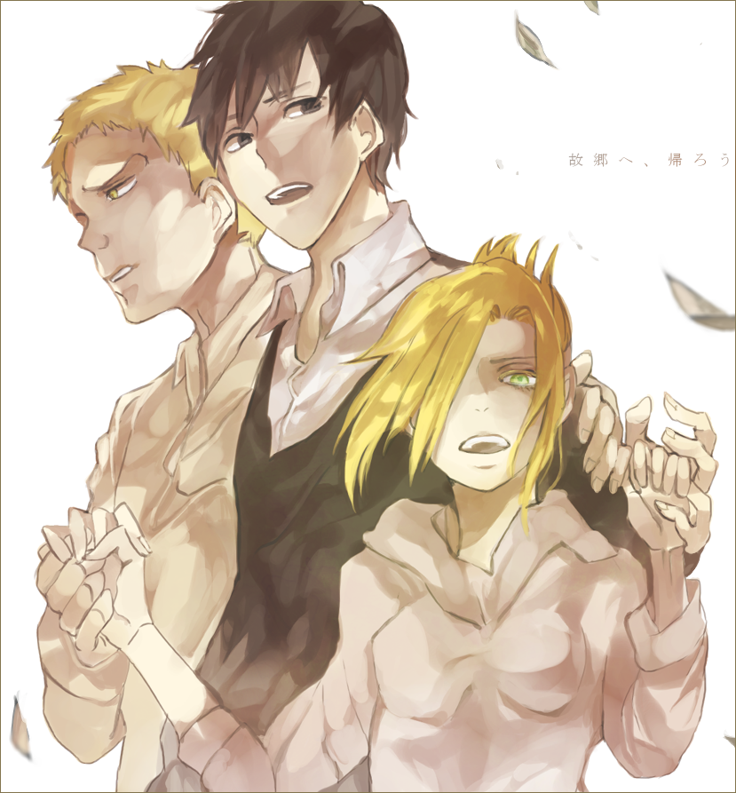 reiner braun, annie leonhart, and bertolt hoover (shingeki no kyojin) drawn by momomosae
