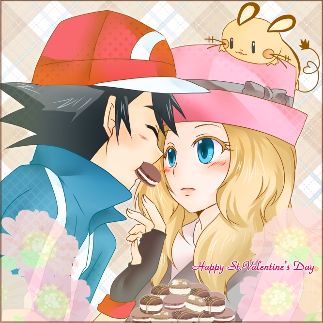 ash ketchum, serena, and dedenne (pokemon and 1 more) drawn by momobesaeka
