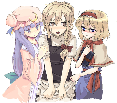 kirisame marisa, alice margatroid, and patchouli knowledge (touhou) drawn by itsutsu, nanazaki, and tadano_kagekichi