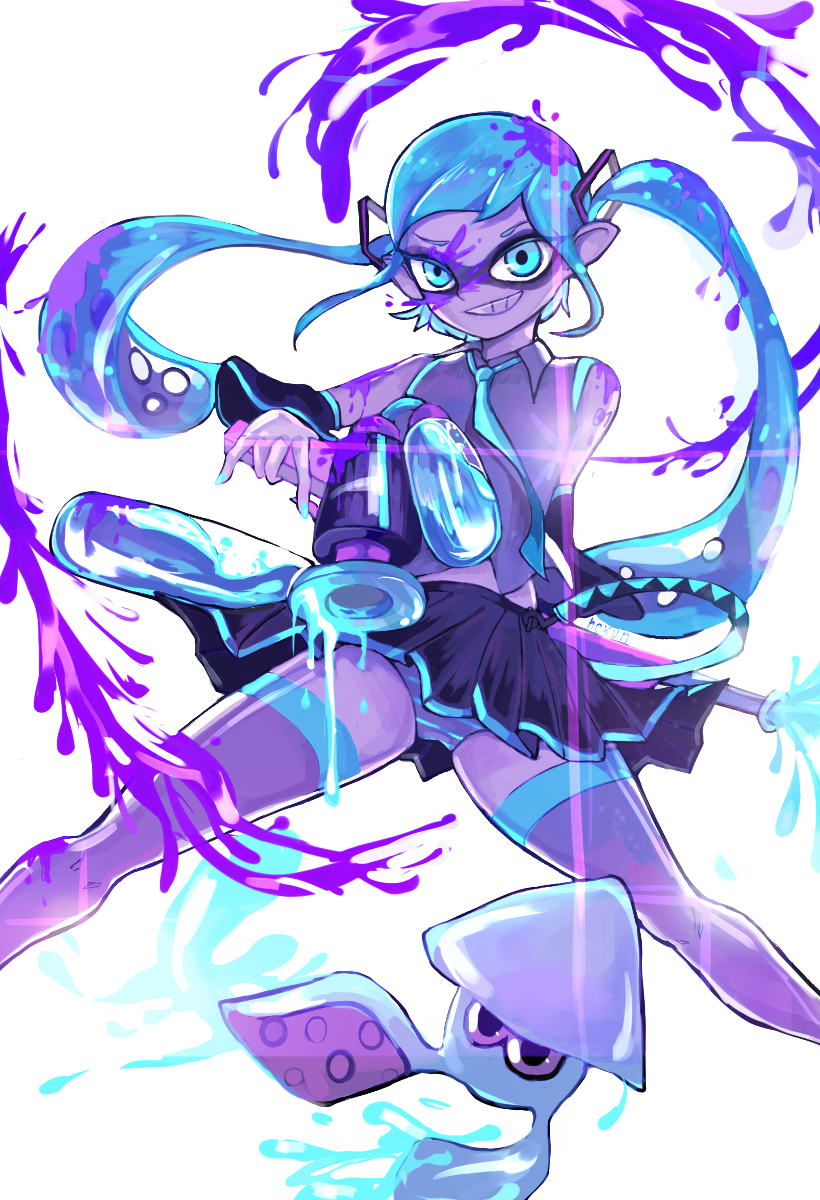 hatsune miku, inkling player character, and inkling girl (vocaloid and 1 more) drawn by kujaku_(w9289)
