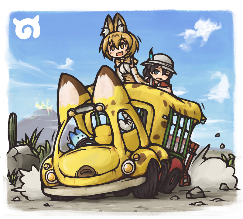 serval, kaban, and lucky beast (kemono friends) drawn by aozakana_zabaano