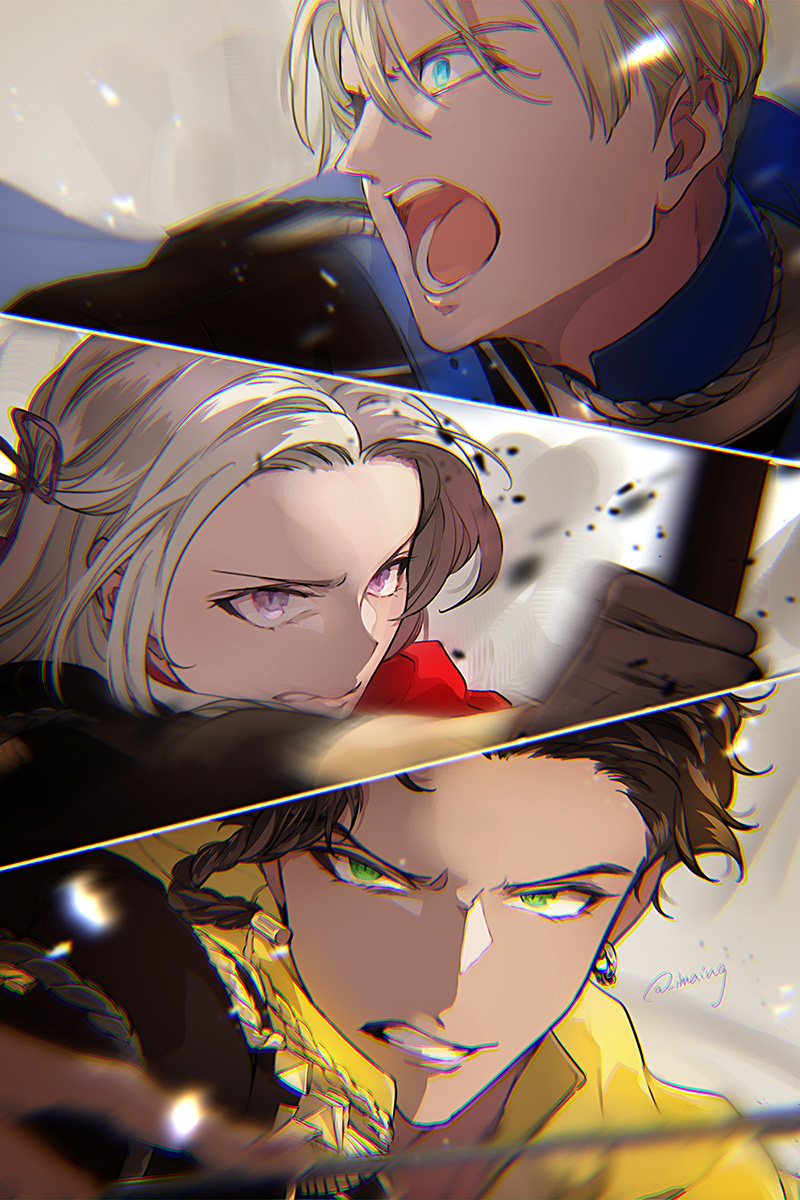 edelgard von hresvelg, dimitri alexandre blaiddyd, and claude von riegan (fire emblem and 1 more) drawn by shinsuke_(moccori)