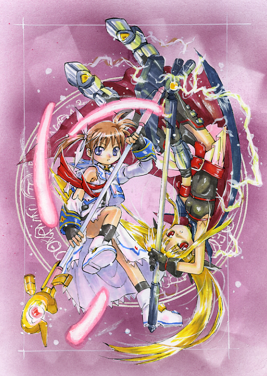 fate testarossa, takamachi nanoha, raising heart, and bardiche (lyrical nanoha and 2 more) drawn by tentai->kansoku