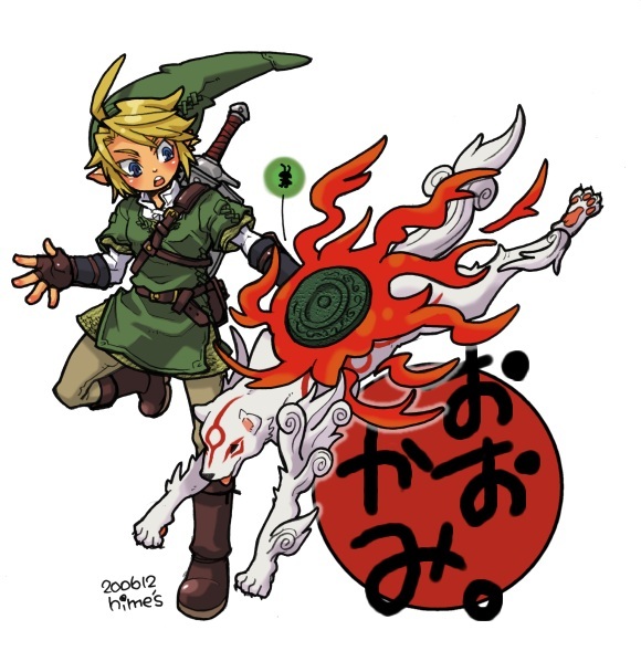 link, amaterasu, and issun (the legend of zelda and 2 more) drawn by himeno_yuuma