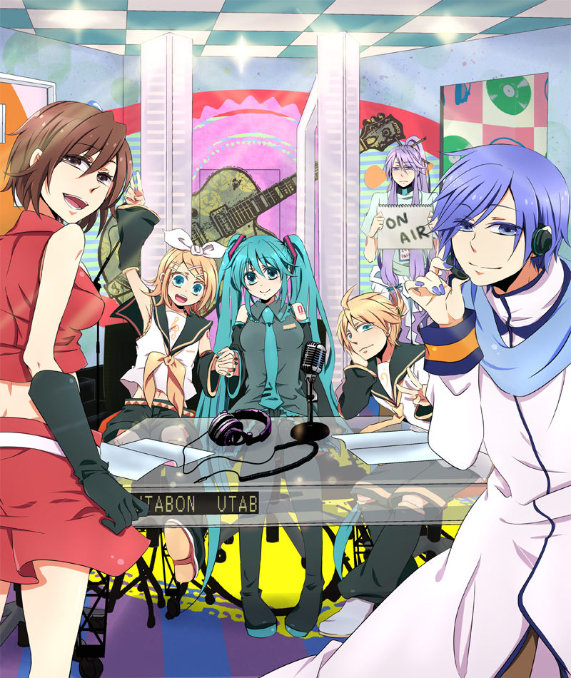 hatsune miku, kagamine rin, kagamine len, kaito, meiko, and 1 more (vocaloid) drawn by asaki_(pixiv32096)