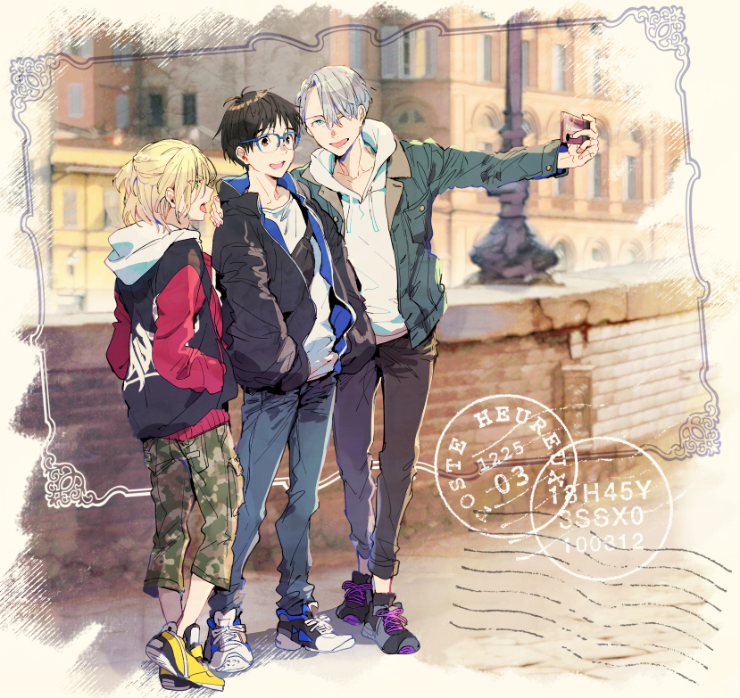 katsuki yuuri, viktor nikiforov, and yuri plisetsky (yuri!!! on ice) drawn by kuroemon