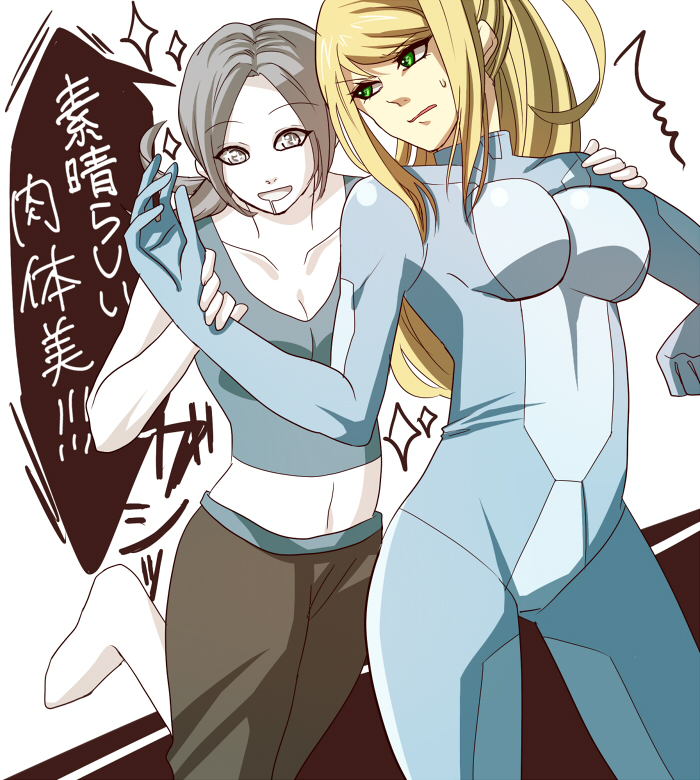 samus aran and wii fit trainer (super smash bros. and 2 more) drawn by kudakeru