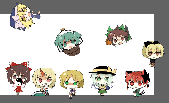 hakurei reimu, kirisame marisa, komeiji koishi, kaenbyou rin, reiuji utsuho, and 4 more (touhou) drawn by mari_audio