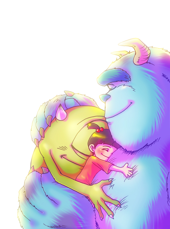 mike wazowski, james p. sullivan, and boo (monsters inc.) drawn by zinpati