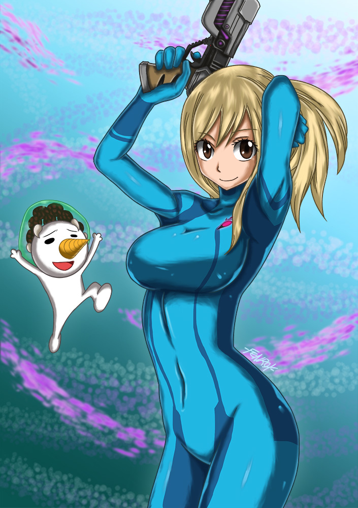 samus aran, lucy heartfilia, metroid, metroid larva, and plue (metroid and 1 more) drawn by fenrox