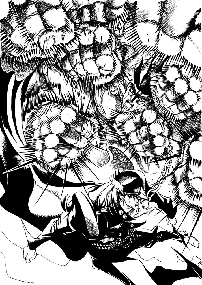 kujo jotaro and star platinum (jojo no kimyou na bouken and 1 more) drawn by makabe