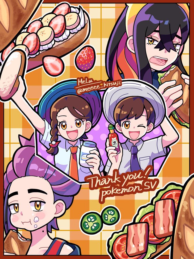 kieran, juliana, carmine, and florian (pokemon and 1 more) drawn by meeee_hitsuji