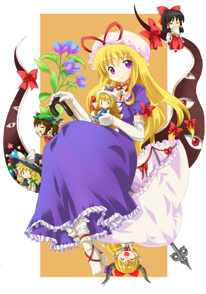 hakurei reimu, kirisame marisa, yakumo yukari, yakumo ran, chen, and 1 more (touhou) drawn by michii_yuuki