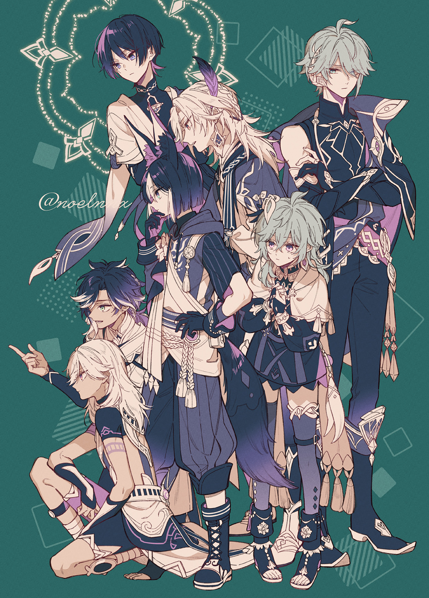 scaramouche, wanderer, alhaitham, tighnari, kaveh, and 3 more (genshin impact) drawn by noelnnx