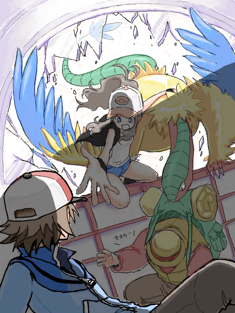 hilda, hilbert, archeops, and hiker (pokemon and 1 more) drawn by mariemon