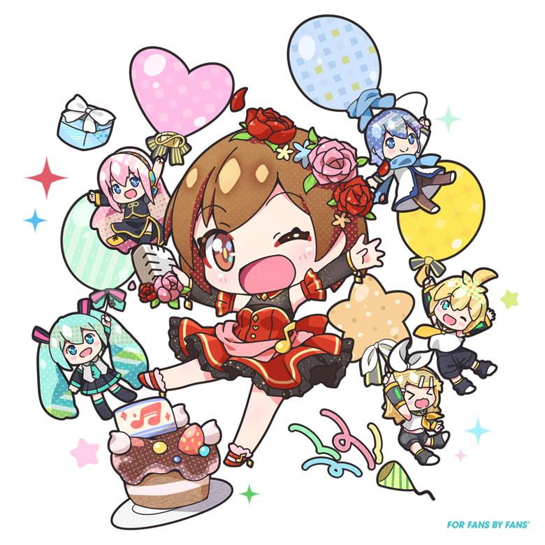 hatsune miku, kagamine rin, kagamine len, megurine luka, kaito, and 1 more (vocaloid) drawn by fuusen_neko