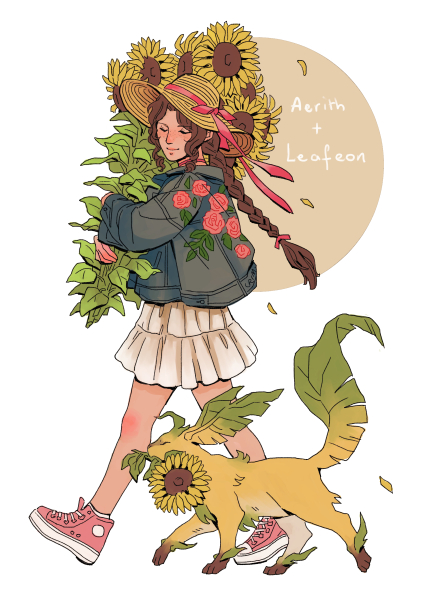 aerith gainsborough and leafeon (pokemon and 2 more) drawn by crimson_sun