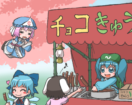cirno, saigyouji yuyuko, kawashiro nitori, and inaba tewi (touhou) drawn by emu_(toran)