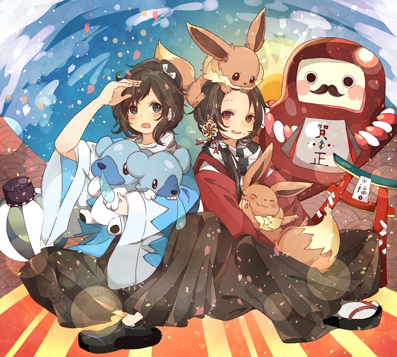 eevee, kashuu kiyomitsu, yamato-no-kami yasusada, and cubchoo (pokemon and 1 more) drawn by hiro_(14806390)