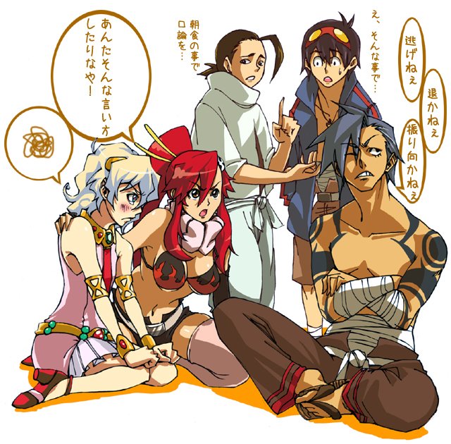 yoko littner, nia teppelin, simon, kamina, and rossiu adai (tengen toppa gurren lagann) drawn by kan_(tachi)