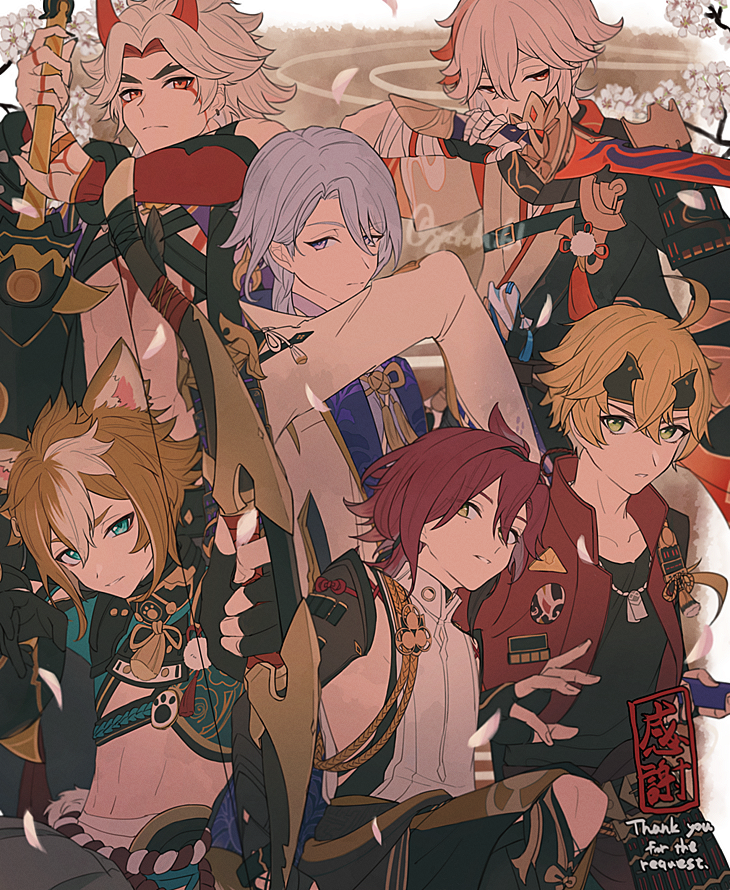 kaedehara kazuha, kamisato ayato, arataki itto, thoma, gorou, and 1 more (genshin impact) drawn by suitchi_(gn4othi61)