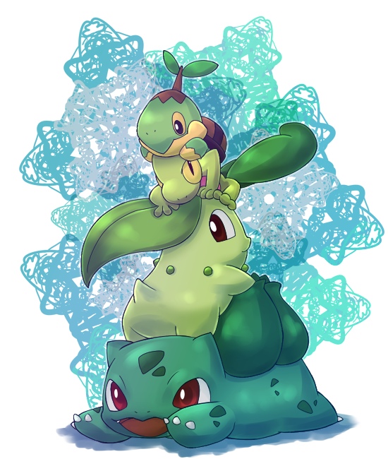 bulbasaur, chikorita, treecko, and turtwig (pokemon) drawn by ara_(sora-ageha)