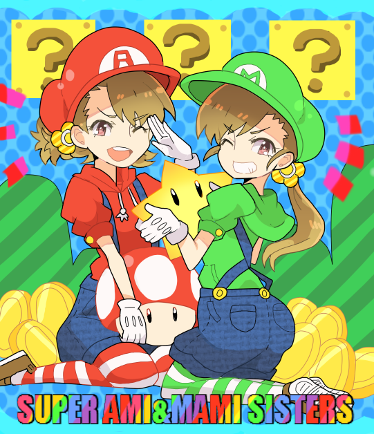 mario, luigi, futami mami, and futami ami (idolmaster and 2 more) drawn by tnmapple