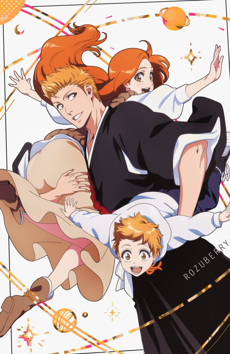 inoue orihime, kurosaki ichigo, and kurosaki kazui (bleach and 1 more) drawn by rozuberry