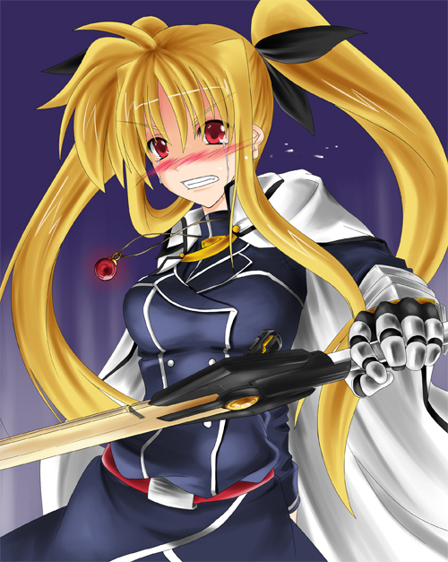 fate testarossa, raising heart, and bardiche (lyrical nanoha and 1 more) drawn by sougetsu_izuki