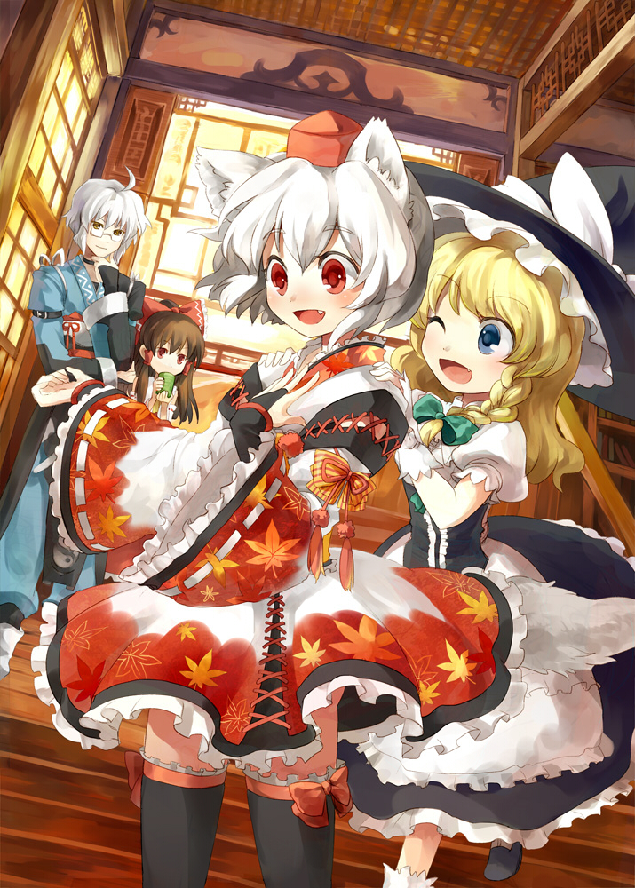 hakurei reimu, kirisame marisa, inubashiri momiji, and morichika rinnosuke (touhou) drawn by sigina