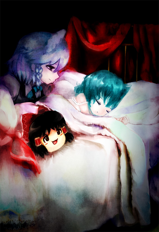 hakurei reimu, remilia scarlet, and izayoi sakuya (touhou) drawn by amii
