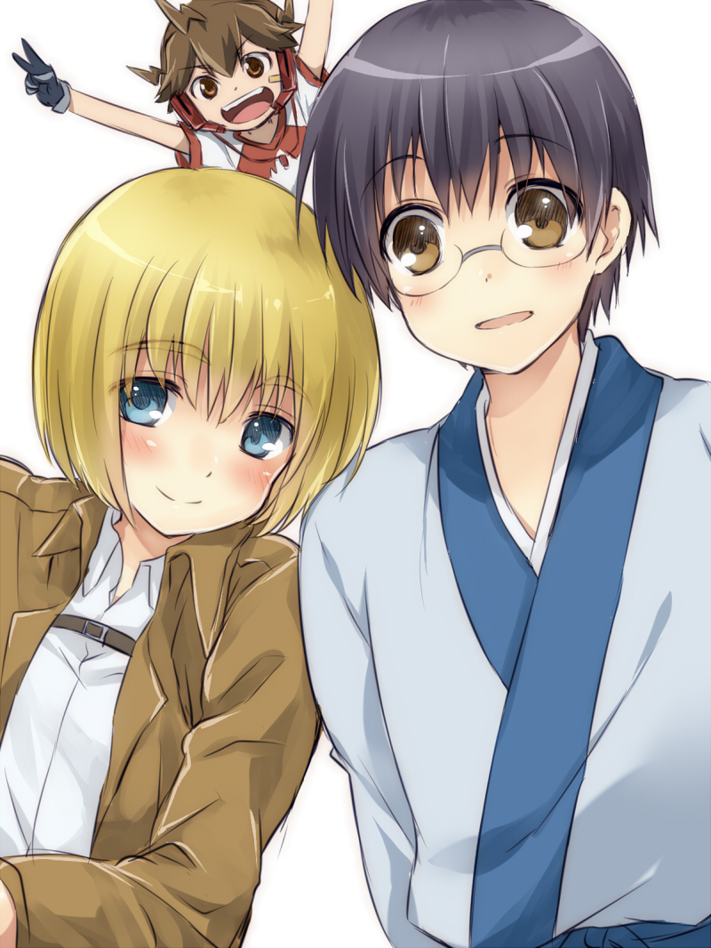 armin arlert, shimura shinpachi, inoue marina, and todoroki kakeru (shingeki no kyojin and 2 more) drawn by maruki_(punchiki)