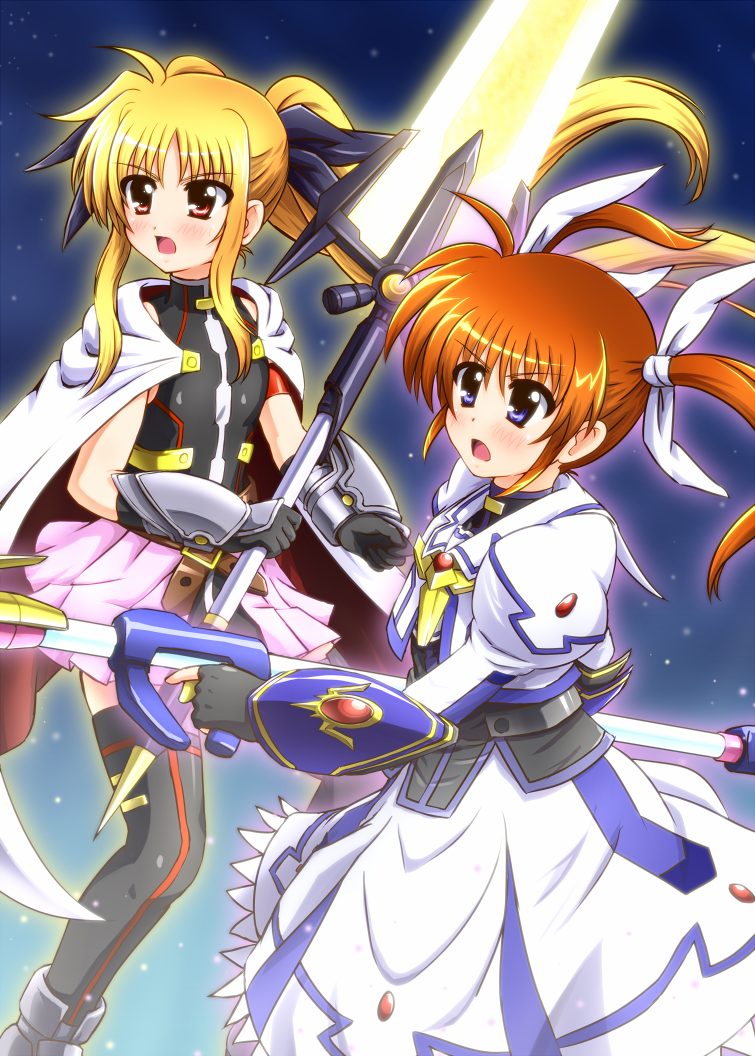 fate testarossa, takamachi nanoha, raising heart, and bardiche (lyrical nanoha and 3 more) drawn by diesel-turbo