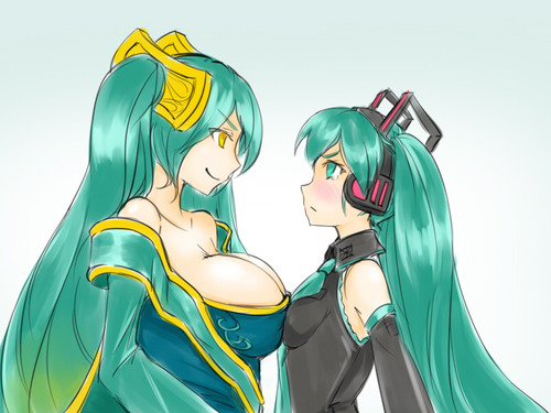 hatsune miku and sona (vocaloid and 1 more) drawn by teatime_(mike)