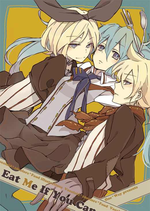 hatsune miku, kagamine rin, and kagamine len (vocaloid) drawn by lowe_(slow)
