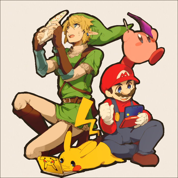 link, pikachu, kirby, and mario (pokemon and 5 more) drawn by yamakaji