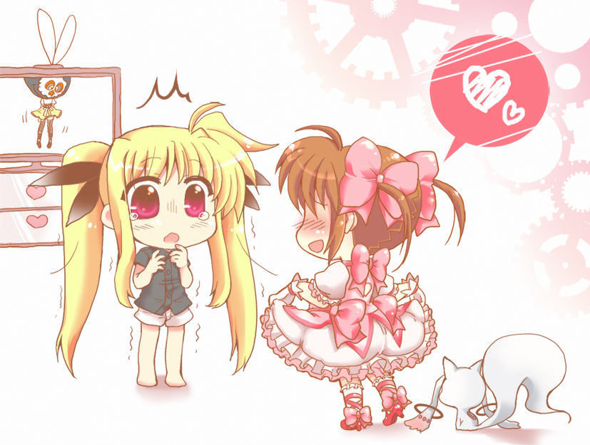 kaname madoka, tomoe mami, fate testarossa, kyubey, takamachi nanoha, and 1 more (mahou shoujo madoka magica and 3 more) drawn by mekimeki