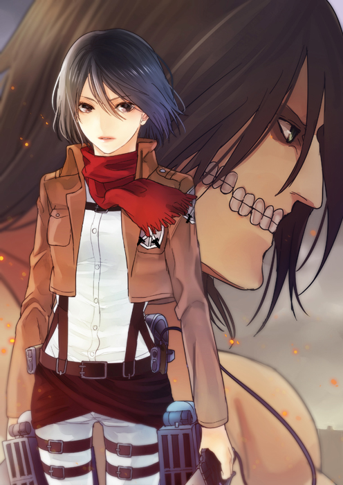 mikasa ackerman, titan, and rogue titan (shingeki no kyojin) drawn by kanameyura