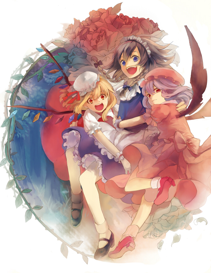 remilia scarlet, flandre scarlet, and izayoi sakuya (touhou) drawn by skoooon