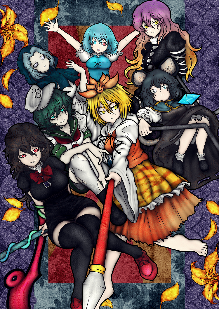 tatara kogasa, nazrin, hijiri byakuren, houjuu nue, toramaru shou, and 2 more (touhou and 1 more) drawn by miazuma_sarin