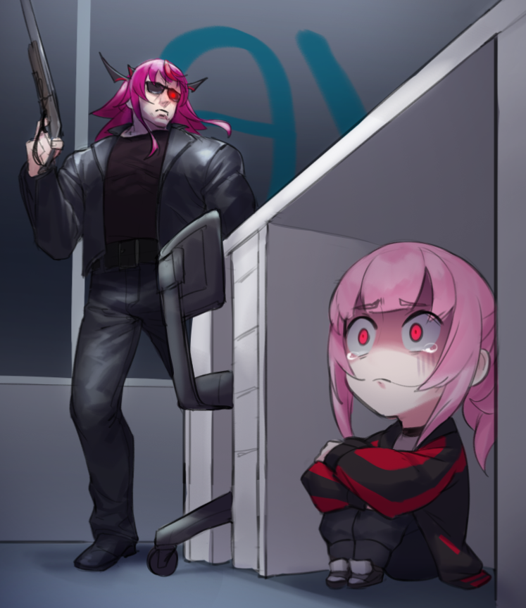 mori calliope, irys, t-800, and arnold schwarzenegger (hololive and 3 more) drawn by dasdokter