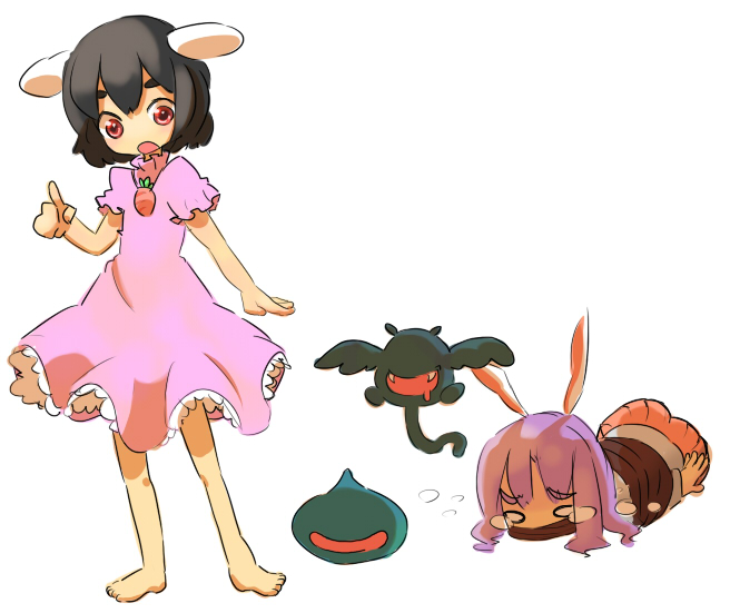 reisen udongein inaba, inaba tewi, slime, and dracky (touhou and 1 more) drawn by rawan