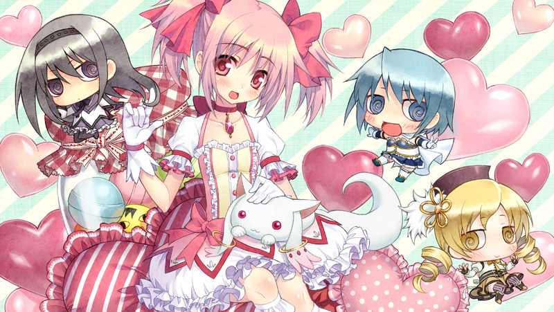 akemi homura, kaname madoka, miki sayaka, tomoe mami, and kyubey (mahou shoujo madoka magica) drawn by yuupon