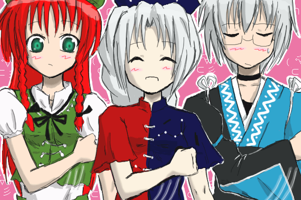 hong meiling, yagokoro eirin, and morichika rinnosuke (touhou) drawn by ugatsu_matsuki