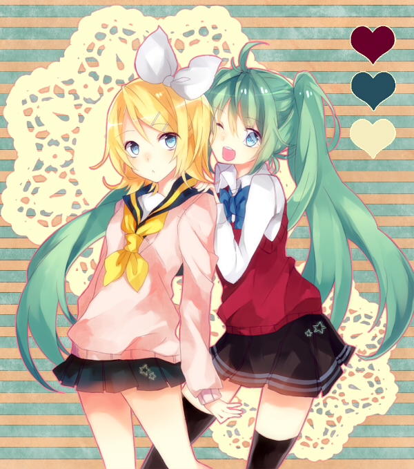 hatsune miku and kagamine rin (vocaloid) drawn by takamy