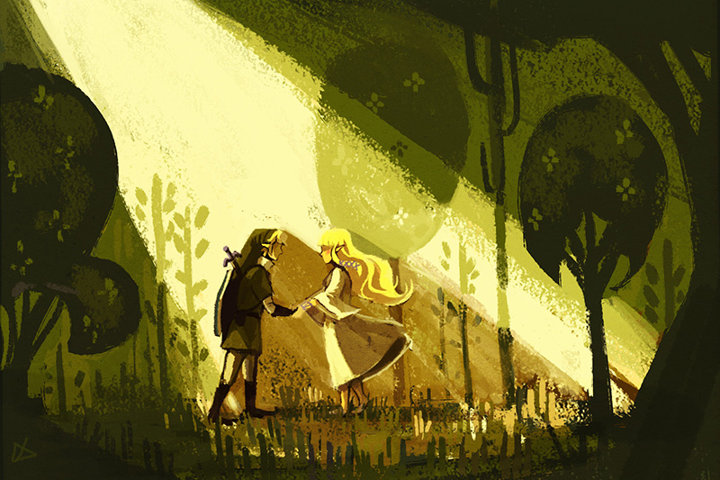 link and princess zelda (the legend of zelda and 1 more) drawn by timidemerald
